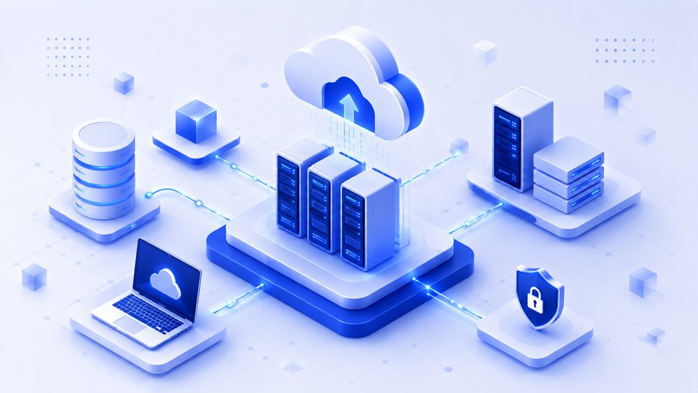 Illustration isométrique de serveurs empilés reliés à un cloud, un ordinateur portable et un dispositif de sécurité, symbolisant une infrastructure cloud fiable