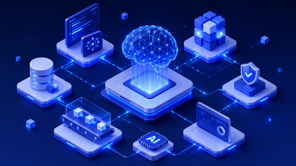 Illustration isométrique d'un cerveau numérique connecté à des données, une chaîne d'automatisation et des tableaux d'analyse, symbolisant l'intelligence artificielle appliquée à l'entreprise