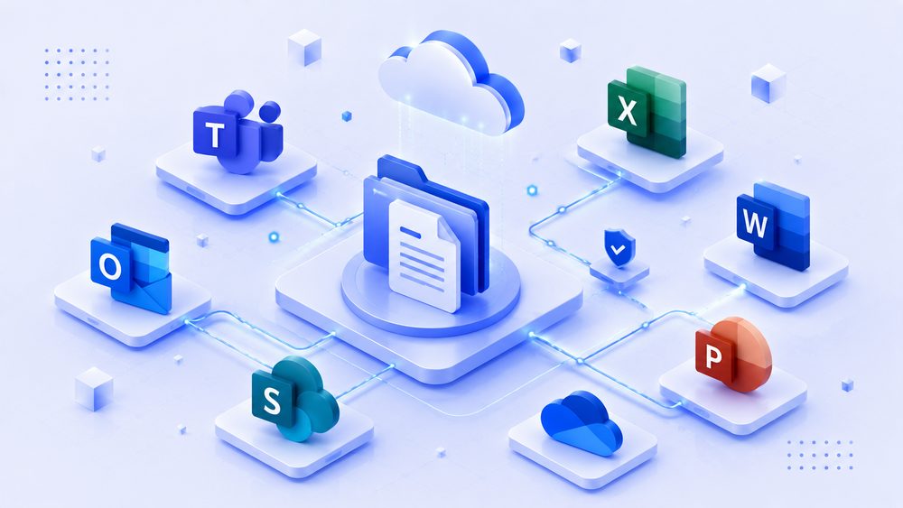 Illustration isométrique des applications Microsoft 365 (Teams, Outlook, Word, Excel, PowerPoint, SharePoint) connectées à un espace documentaire partagé dans le cloud