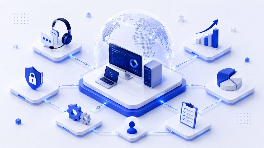 Illustration isométrique d'un poste de travail connecté à un réseau mondial, entouré d'icônes de support, sécurité, supervision et reporting, symbolisant l'infogérance globale de votre entreprise